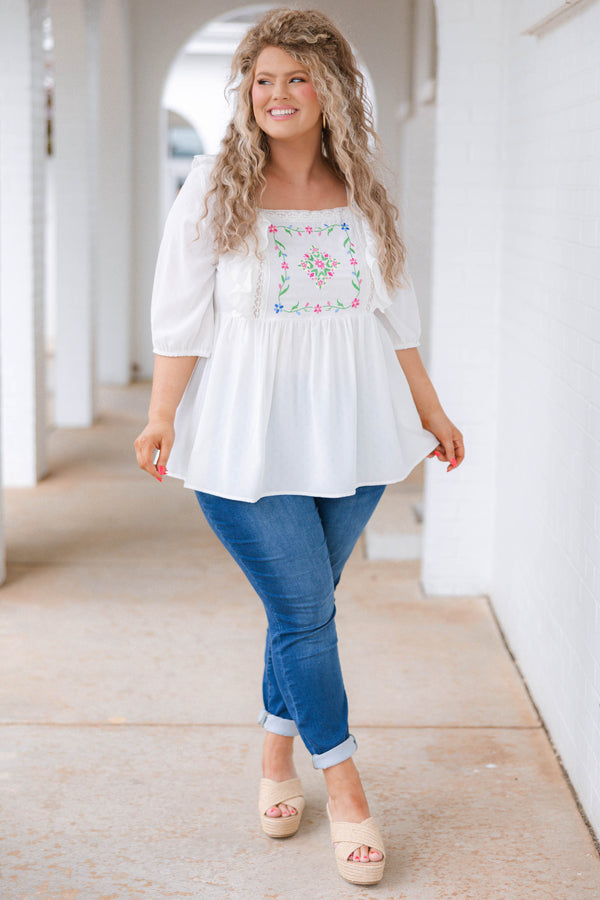 Chic Soul plus size clothing, white top with embroidered and lace detailing and ruffles