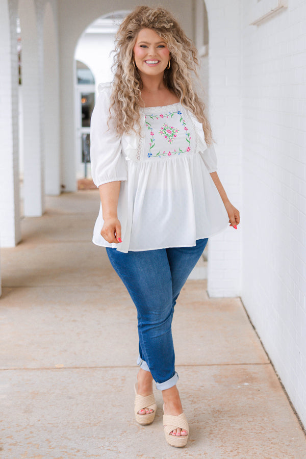 Chic Soul plus size clothing, white top with embroidered and lace detailing and ruffles