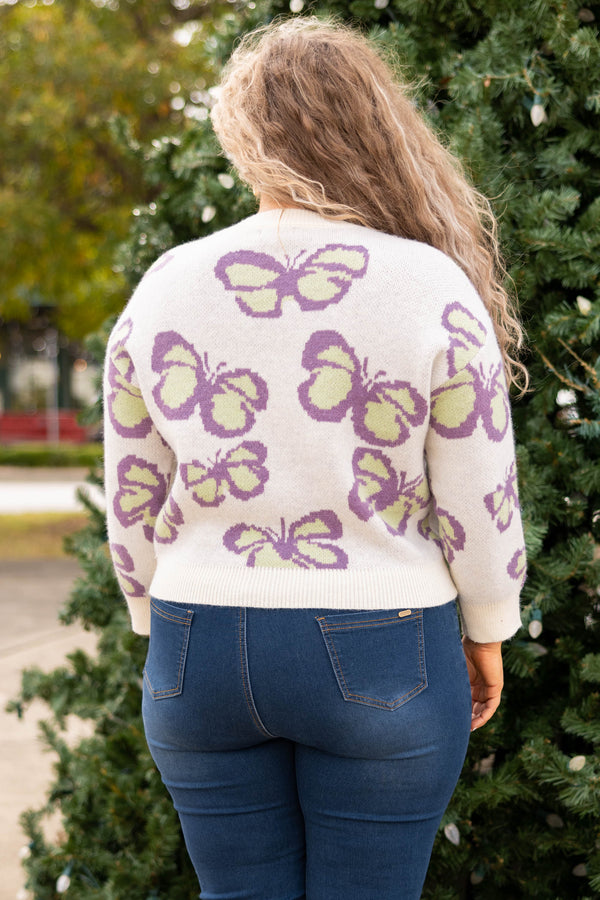 Chic Soul plus size clothing, white with butterflies long sleeve sweater