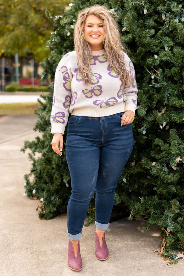 Chic Soul plus size clothing, white with butterflies long sleeve sweater