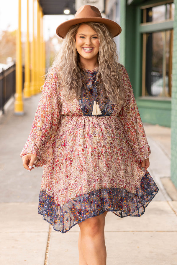 Chic Soul plus size clothing, multi floral long bubble sleeve babydoll dress