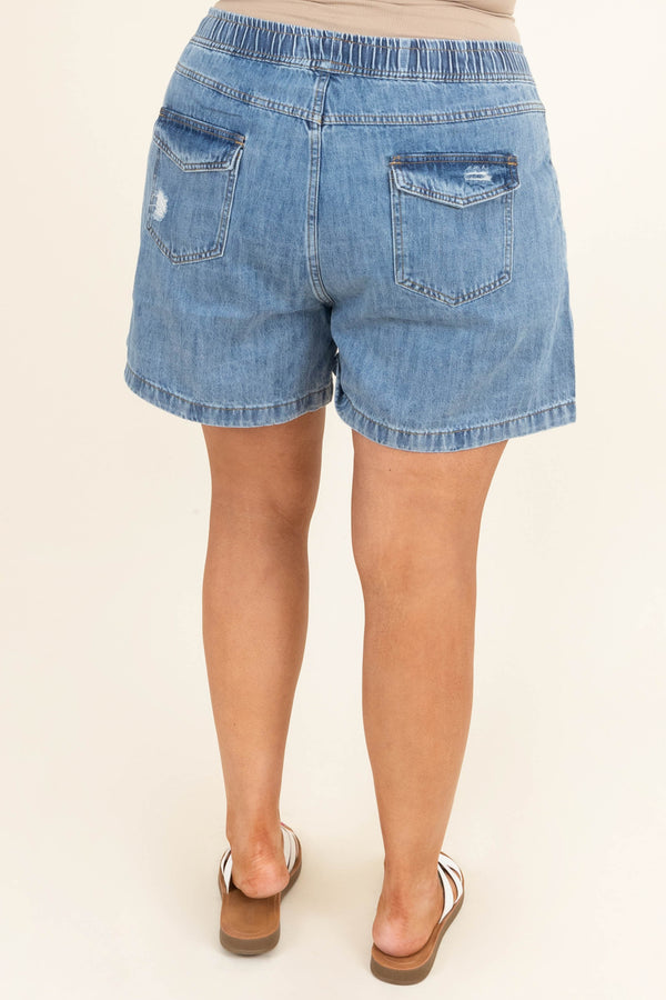 Chic Soul plus size clothing, blue denim distressed shorts elastic waist band with white shoe lace style tie shorts