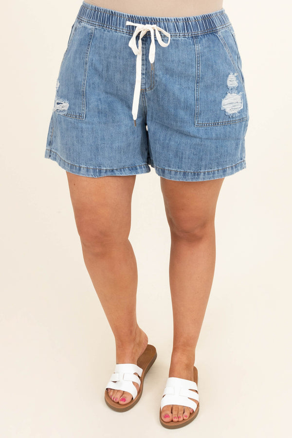 Chic Soul plus size clothing, blue denim distressed shorts elastic waist band with white shoe lace style tie shorts