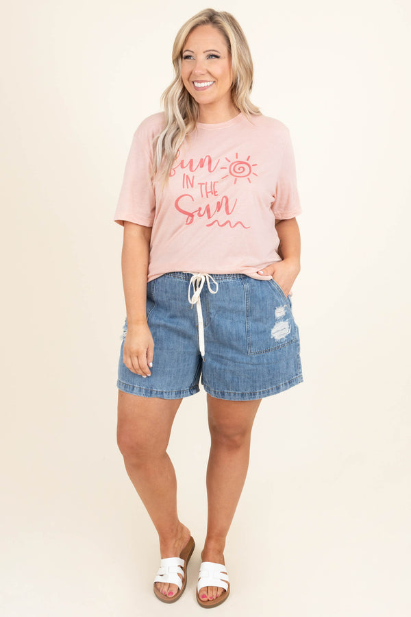 Chic Soul plus size clothing, blue denim distressed shorts elastic waist band with white shoe lace style tie shorts