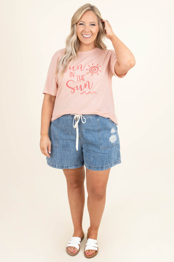 Chic Soul plus size clothing, blue denim distressed shorts elastic waist band with white shoe lace style tie shorts