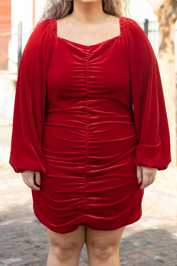 Chic Soul plus size clothing, red solid long cuffed sleeve dress