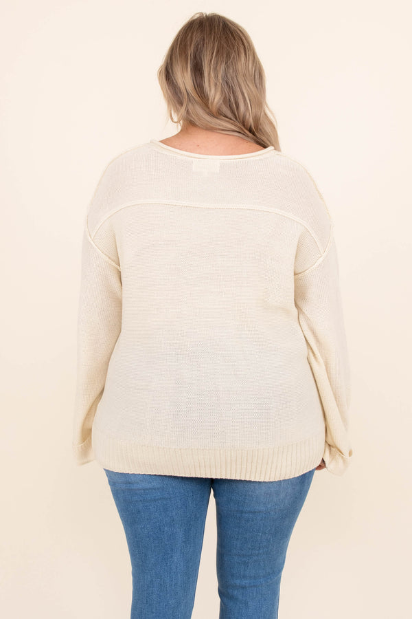 Chic Soul plus size clothing, oatmeal cream long sleeve casual top with buttons at collar