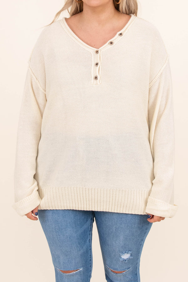 Chic Soul plus size clothing, oatmeal cream long sleeve casual top with buttons at collar