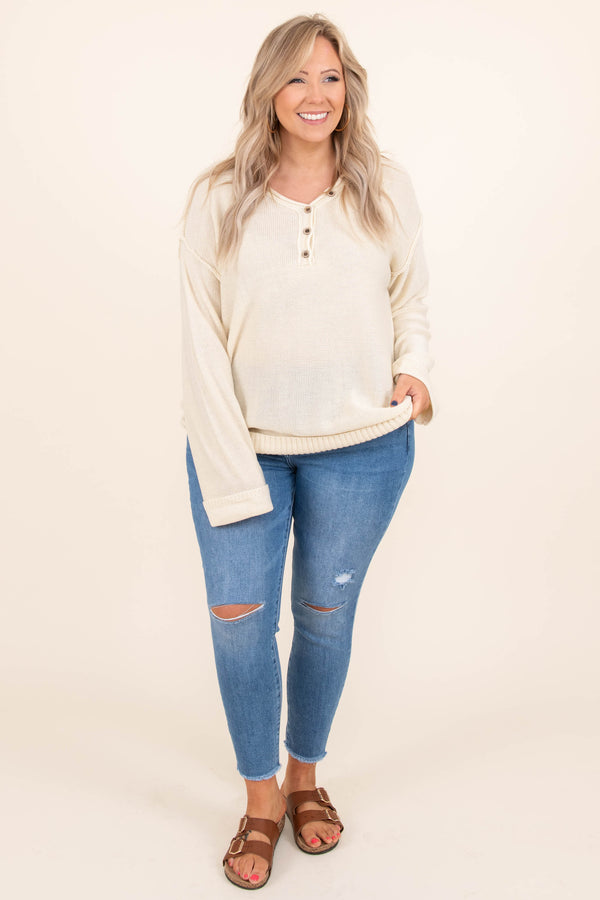 Chic Soul plus size clothing, oatmeal cream long sleeve casual top with buttons at collar