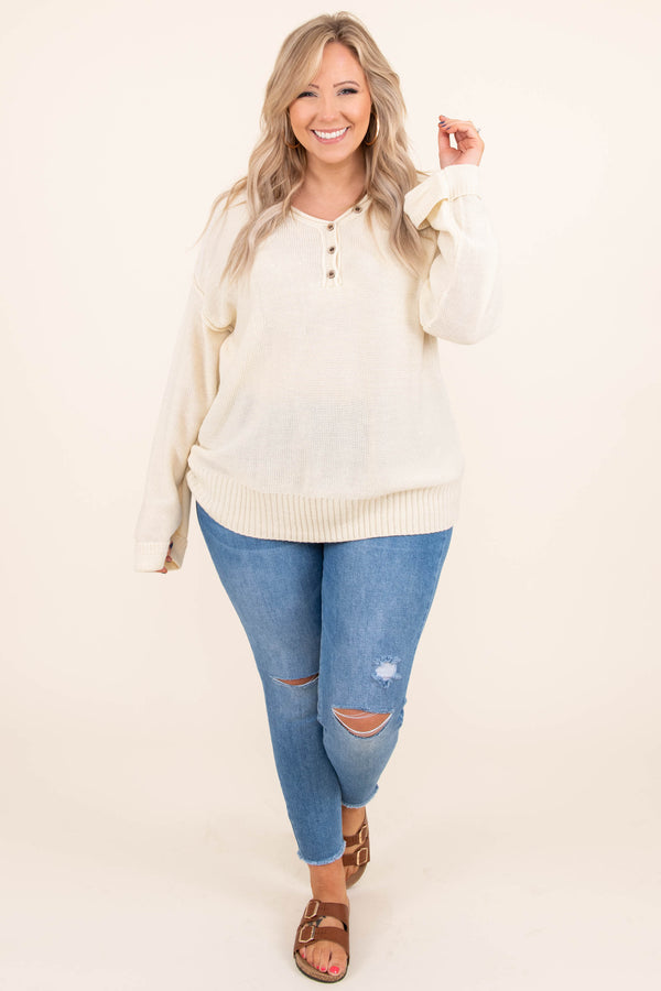 Chic Soul plus size clothing, oatmeal cream long sleeve casual top with buttons at collar