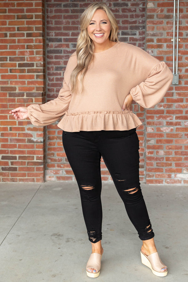 Chic Soul plus size clothing, taupe long puff sleeve top