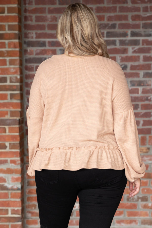 Chic Soul plus size clothing, taupe long puff sleeve top