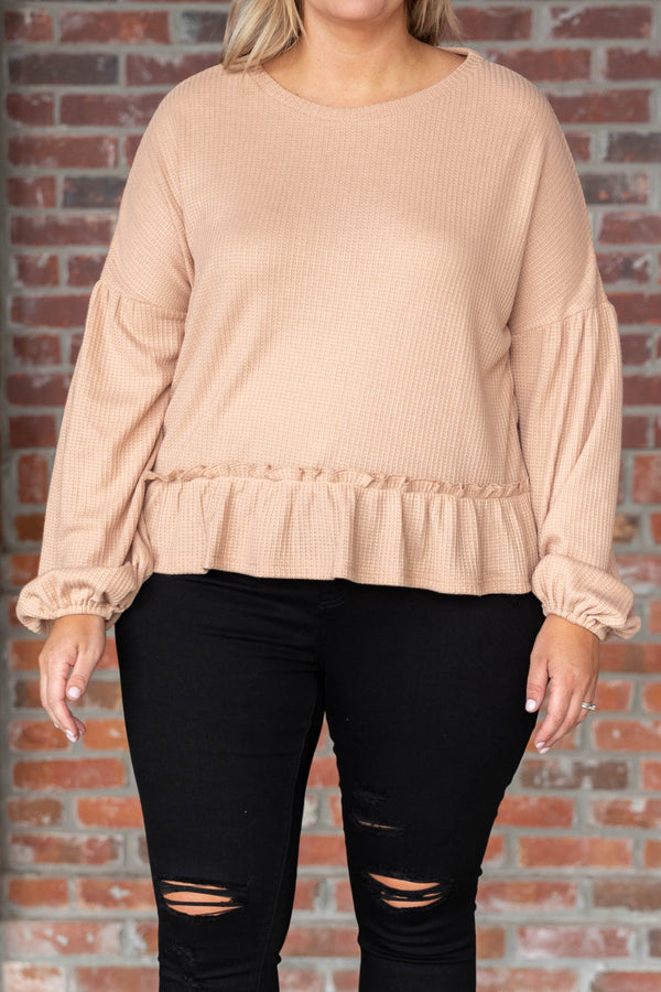 Chic Soul plus size clothing, taupe long puff sleeve top
