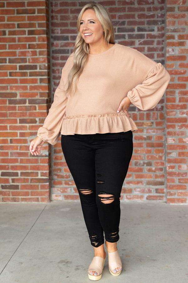 Chic Soul plus size clothing, taupe long puff sleeve top