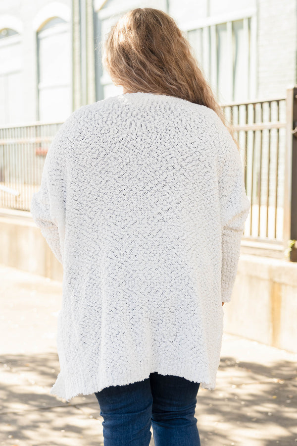 Chic Soul plus size clothing, fuzzy white cardigan