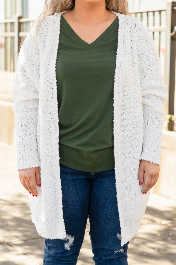 Chic Soul plus size clothing, fuzzy white cardigan