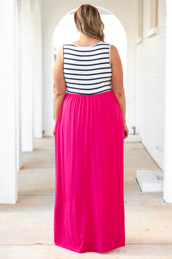 Chic Soul plus size clothing, fuchsia maxi dress with striped top portion