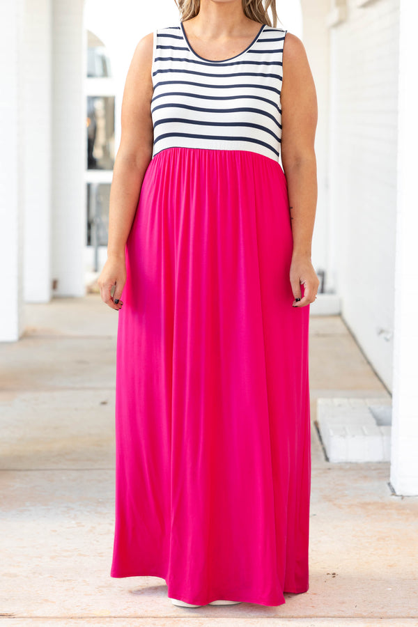Chic Soul plus size clothing, fuchsia maxi dress with striped top portion