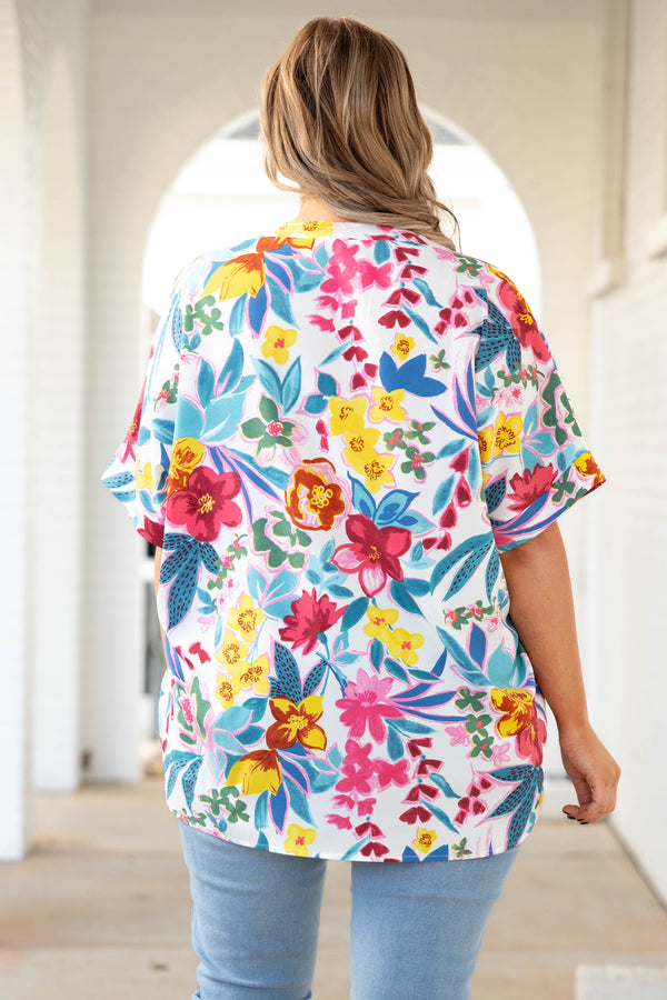 Chic Soul plus size clothing, off white top with multicolor floral pattern