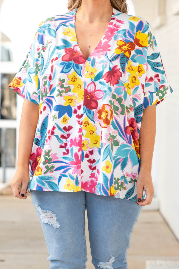 Chic Soul plus size clothing, off white top with multicolor floral pattern