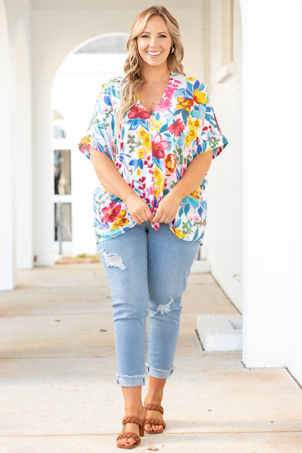 Chic Soul plus size clothing, off white top with multicolor floral pattern