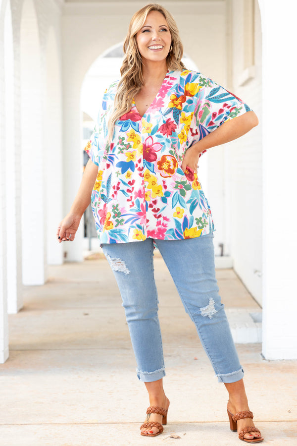 Chic Soul plus size clothing, off white top with multicolor floral pattern
