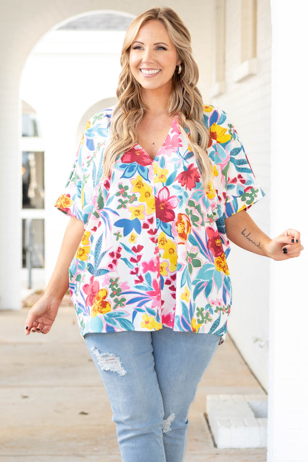 Chic Soul plus size clothing, off white top with multicolor floral pattern