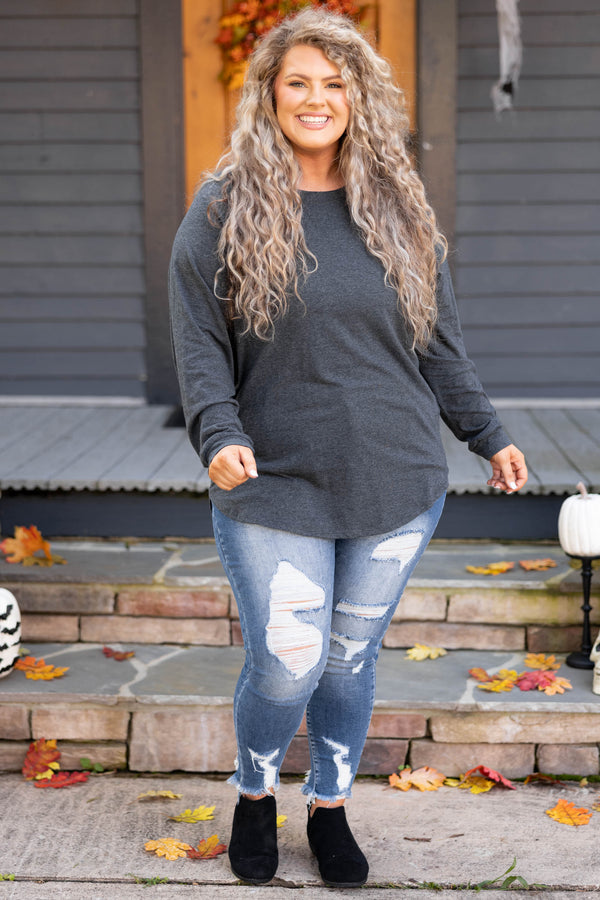 Curved Hem Slouchy Dolman Tunic, Charcoal