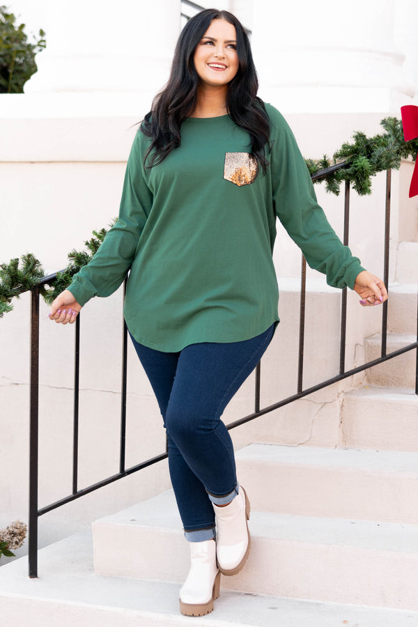 Curved Hem Slouchy Dolman Tunic, Hunter Green Sequin