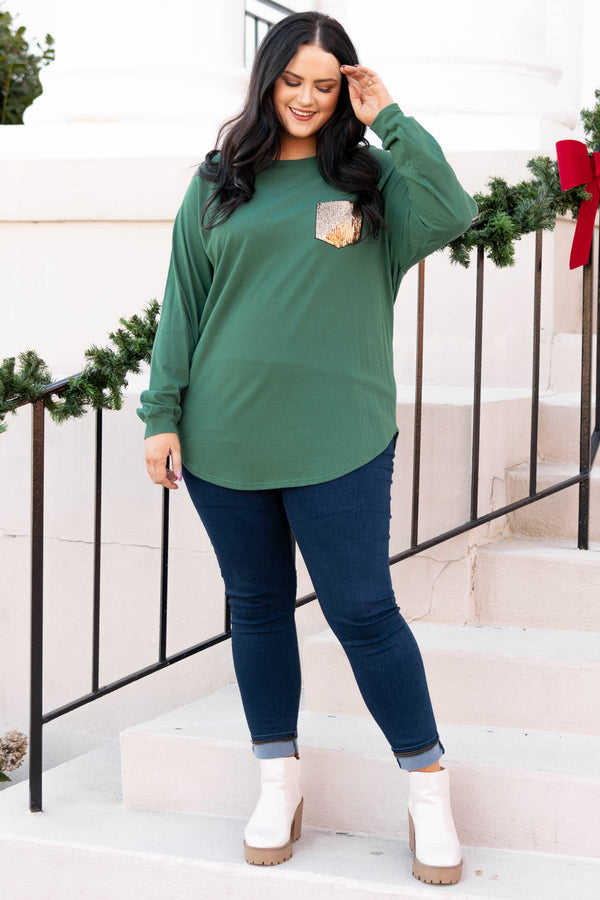 Curved Hem Slouchy Dolman Tunic, Hunter Green Sequin
