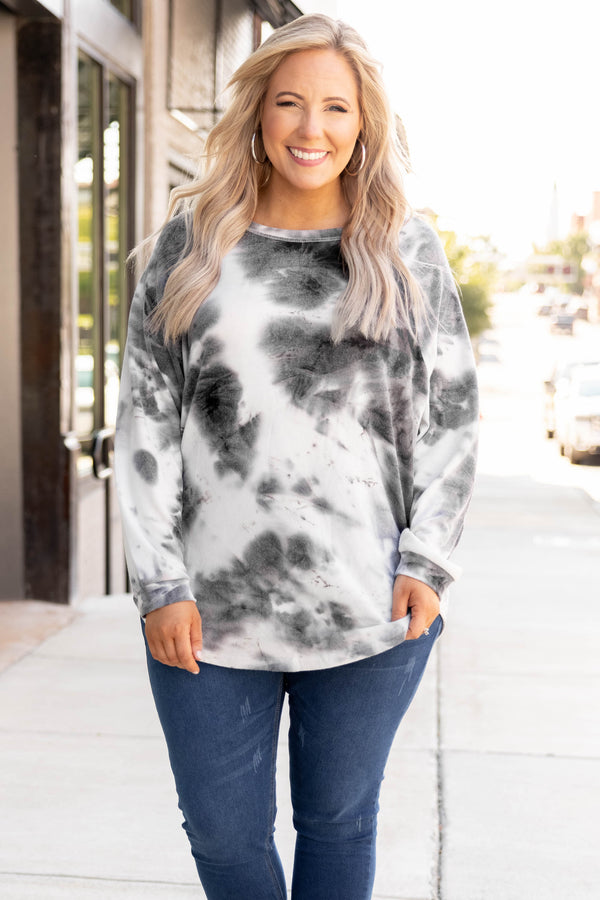 tops, slouchy, tunic, curved hem, tie dye, gray-white, gray, white