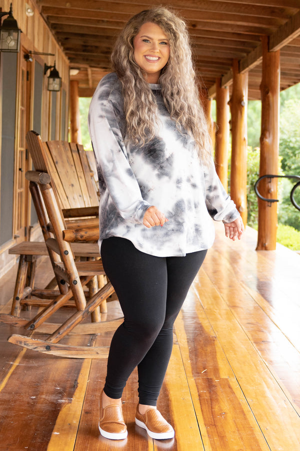 Curved Hem Slouchy Dolman Tunic, Tie Dye Gray-White