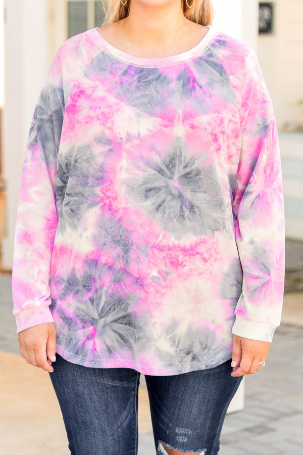 Curved Hem Slouchy Dolman Tunic, Tie Dye Pink