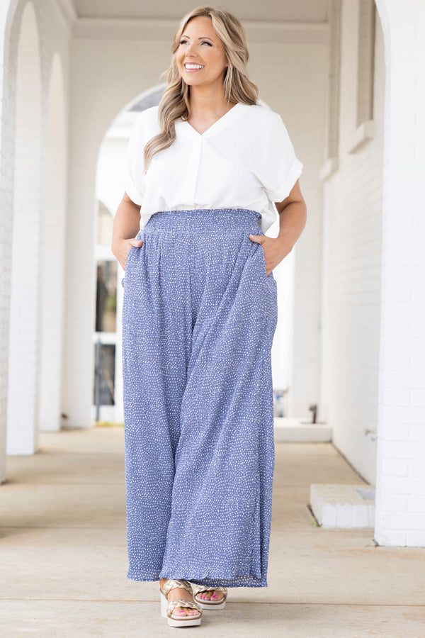 Chic Soul plus size clothing, blue pants with white polka dots and smocked waistband