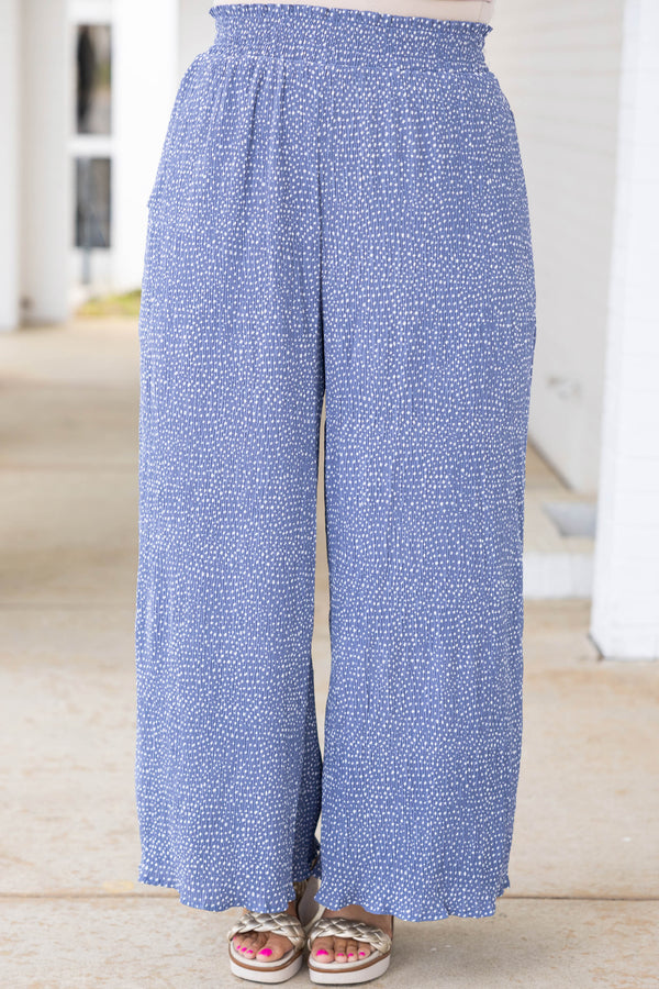 Chic Soul plus size clothing, blue pants with white polka dots and smocked waistband