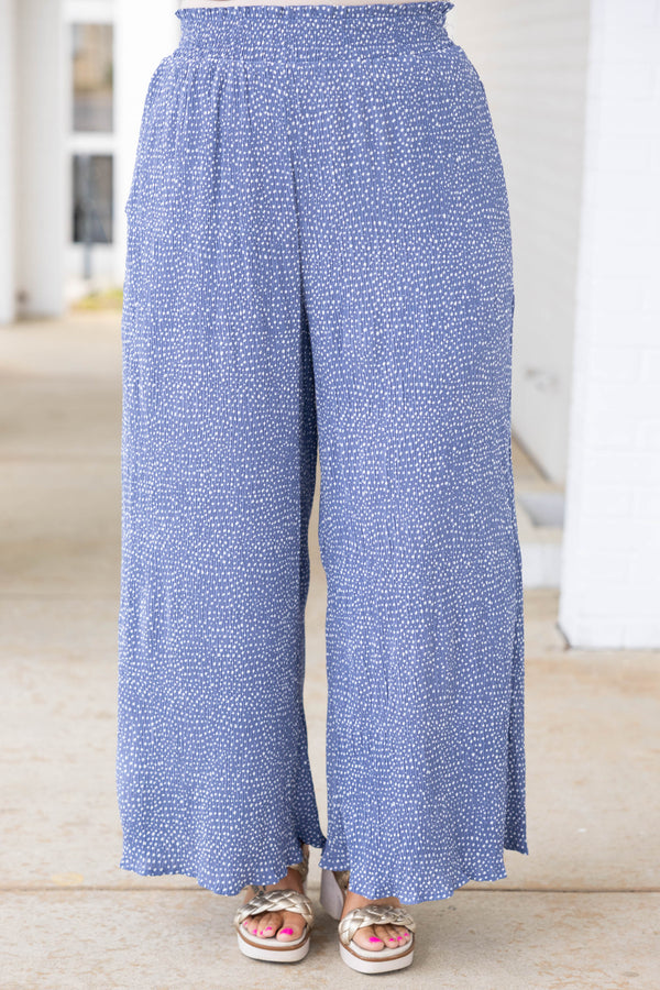 Chic Soul plus size clothing, blue pants with white polka dots and smocked waistband