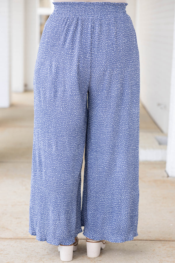 Chic Soul plus size clothing, blue pants with white polka dots and smocked waistband