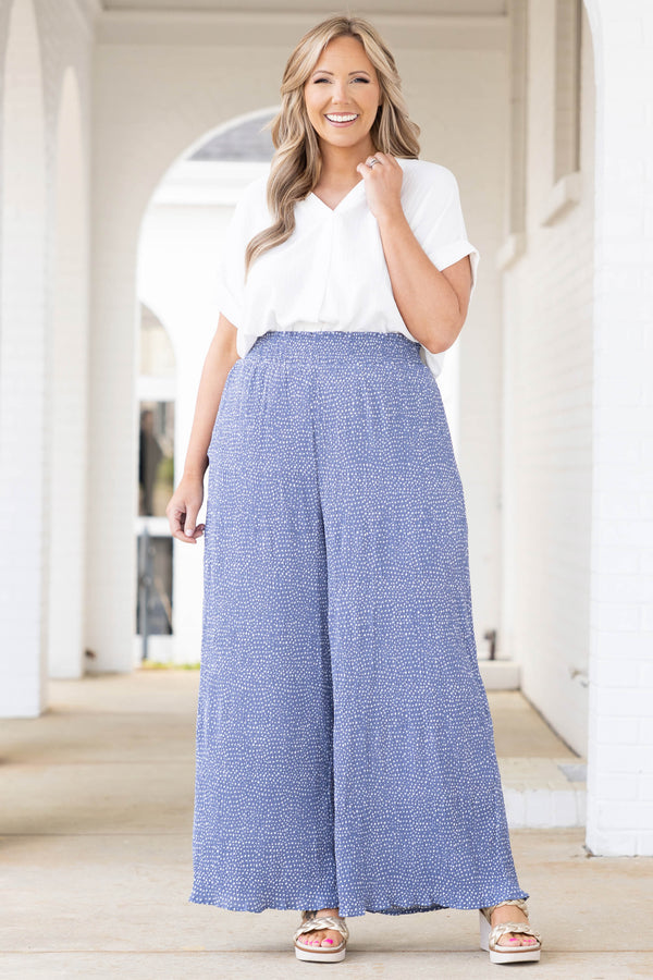Chic Soul plus size clothing, blue pants with white polka dots and smocked waistband