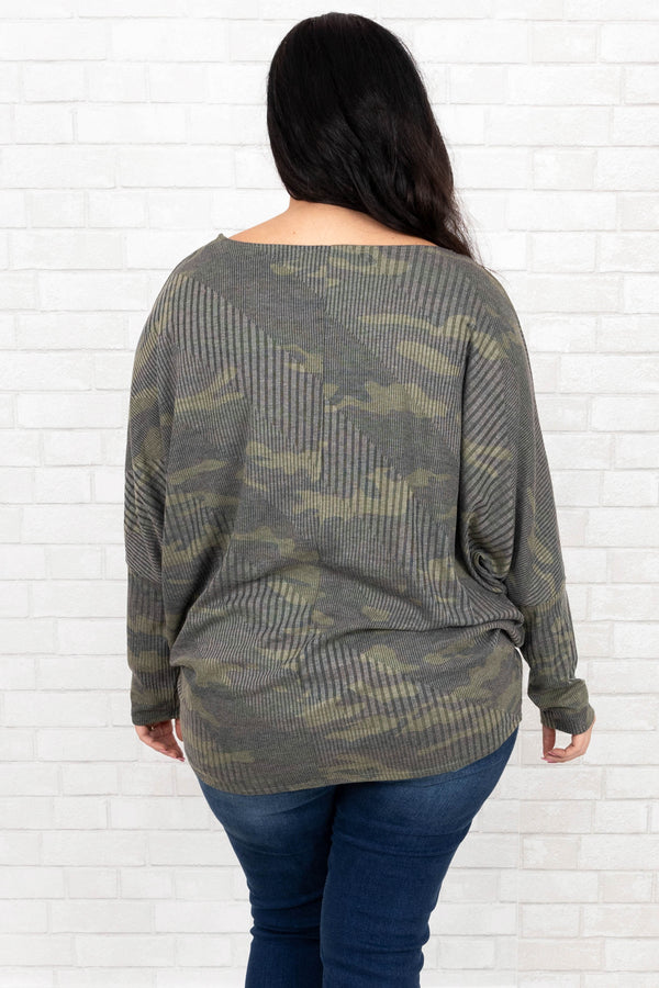 Chic Soul plus size clothing, camo waffle knit long sleeve