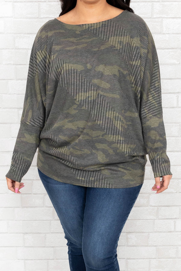 Chic Soul plus size clothing, camo waffle knit long sleeve