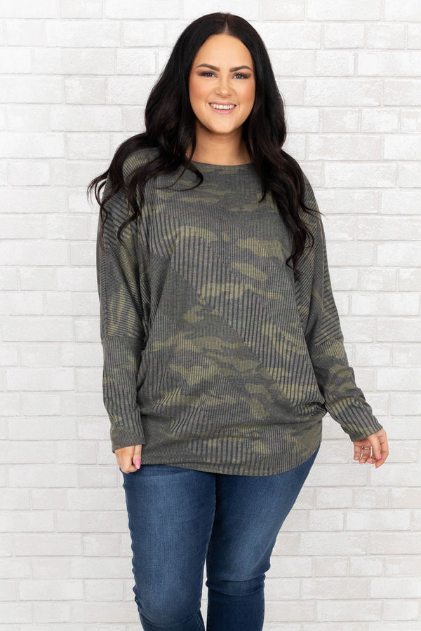 Chic Soul plus size clothing, camo waffle knit long sleeve