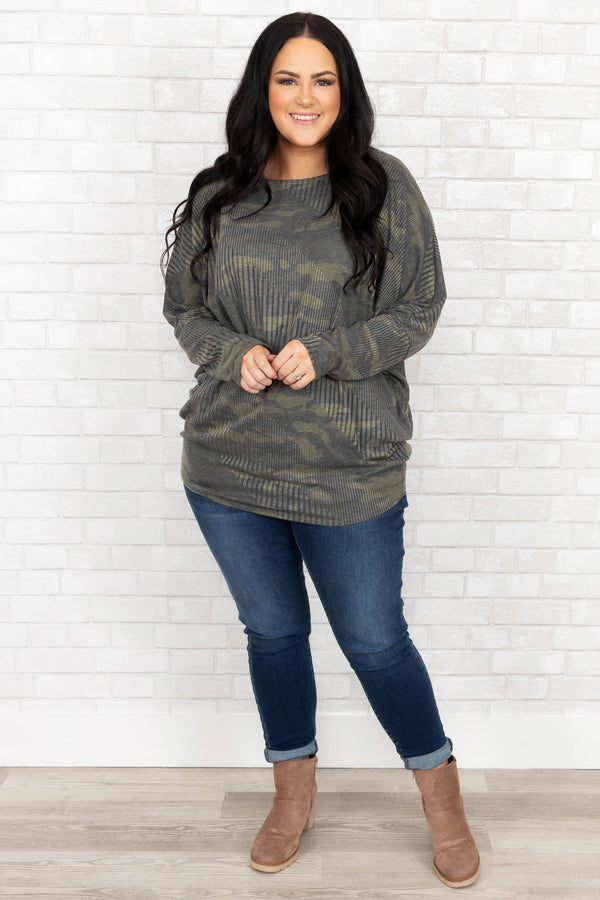 Chic Soul plus size clothing, camo waffle knit long sleeve