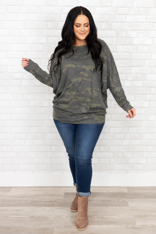 Chic Soul plus size clothing, camo waffle knit long sleeve