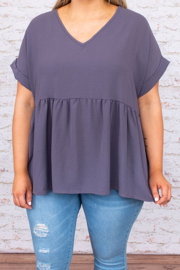 top, casual top, babydoll top, grey, gray, short sleeve