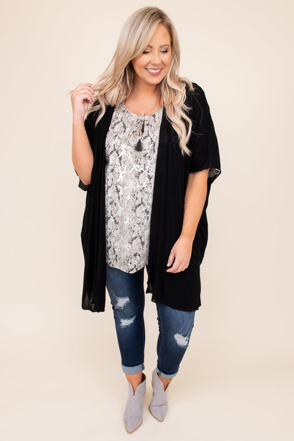 black, solid, neutral, kimono, open front, flowy, figure flattering, long, above the knee