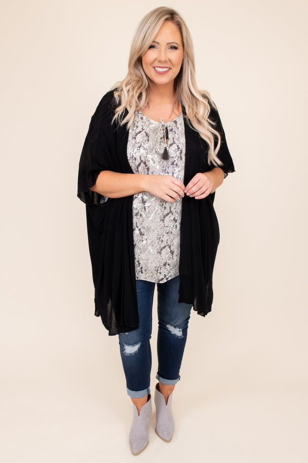 black, solid, neutral, kimono, open front, flowy, figure flattering, long, above the knee