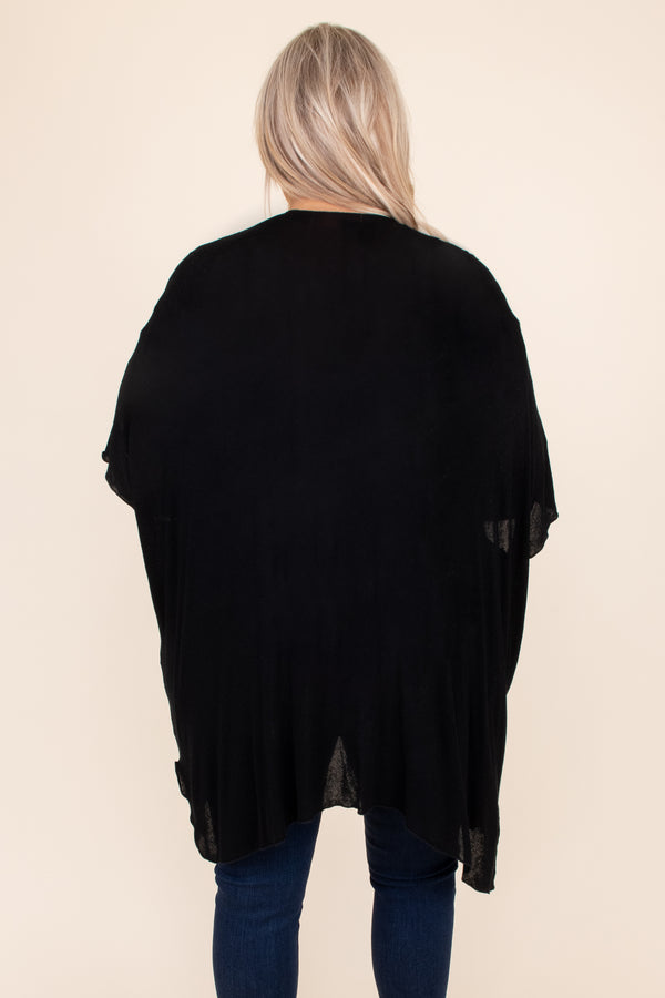 black, solid, neutral, kimono, open front, flowy, figure flattering, long, above the knee