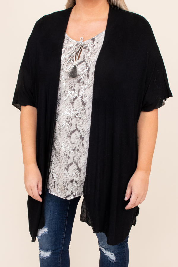 black, solid, neutral, kimono, open front, flowy, figure flattering, long, above the knee