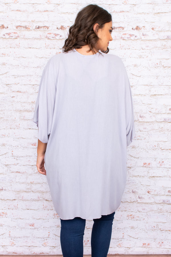 Plus Size grey open-front kimono with oversized fit and wide sleeves over a black button-up top.