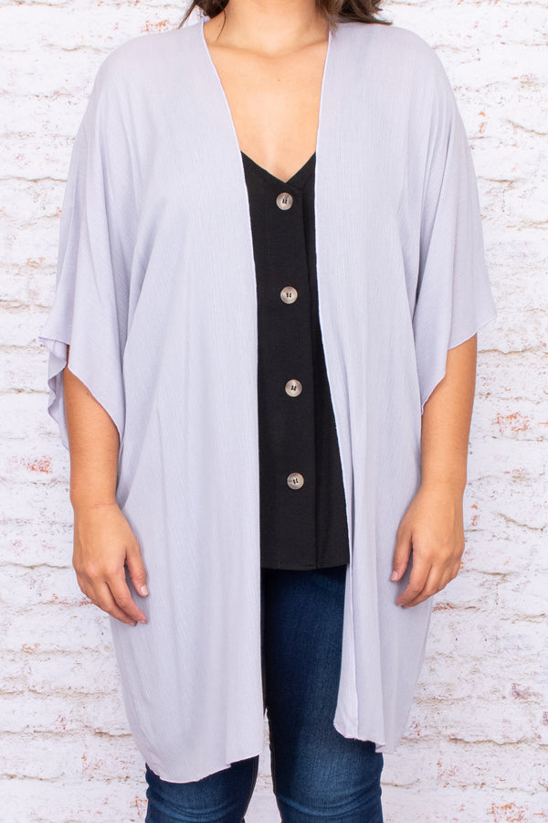 Plus Size grey open-front kimono with oversized fit and wide sleeves over a black button-up top.